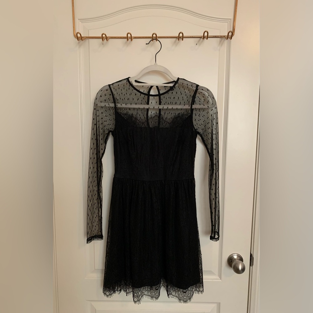Express Black Dotted Sheer Sleeve Lace Dress